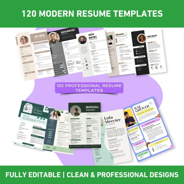 “120 Professional Resume Templates Editable in Canva + 20 Free Cover Letters – ATS Friendly”