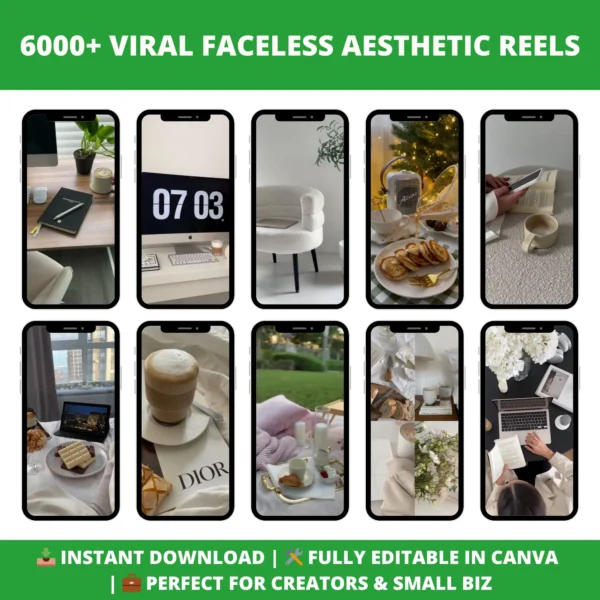 Faceless aesthetic reels bundle mockup featuring viral content packs for Instagram, TikTok, and YouTube Shorts.